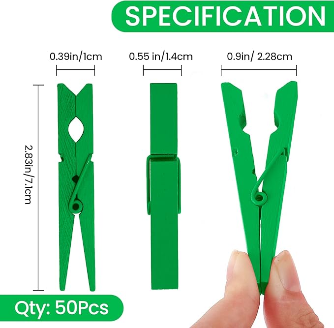 50PCS Colored Wooden Clothespins, 2.9inch Green Clothes Pins for Clip Pictures Photos Decorative, Small Colorful Wood Decoration Closepins Clips