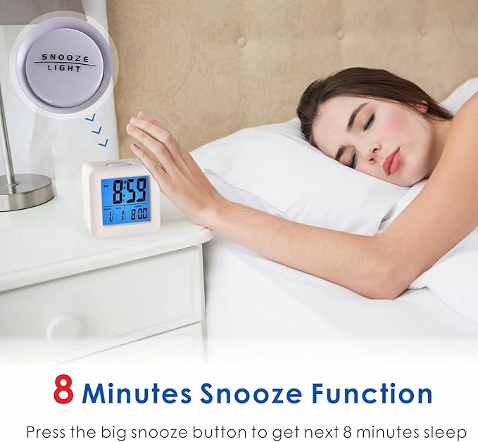 Plumeet Easy to Set Digital Travel Alarm Clock, Snooze Function, Soft Night Light, Large Screen time and Month and Date Display and Alarm, Progressive Sound Alarm and Handy Size (White)