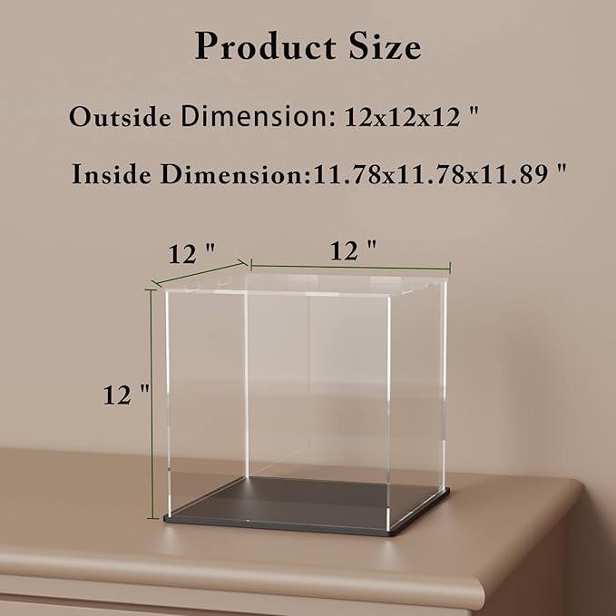 SVENJBB Acrylic Display Case, 12x12x12 Inch Cube, Clear Acrylic Box with Matte Black Base and Lid for Collectibles and Figures