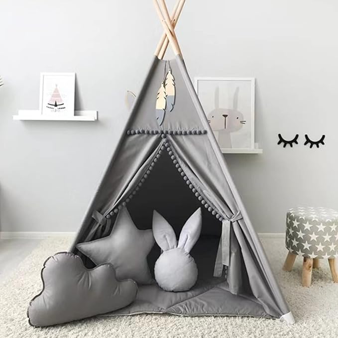 Kids Teepee Tent with White Pom Pom - Indoor Play Teepee for Children Boys Portable Play House (Grey)
