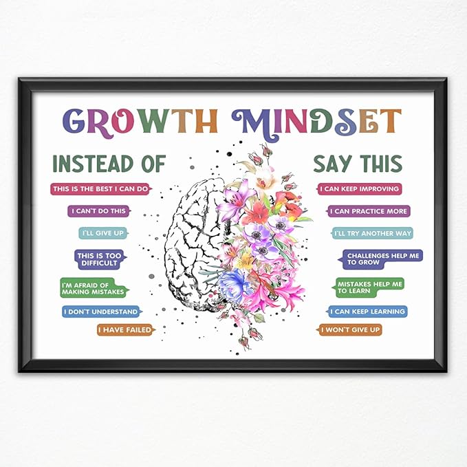 CEHNSENHUI Classroom Growth Mindset Affirmations for Kids Mental Health Posters Brain Poster Psychology Special Education Calm Corner Wall Art Office Therapy Canvas Wall Decor 24x36in BlackFramed