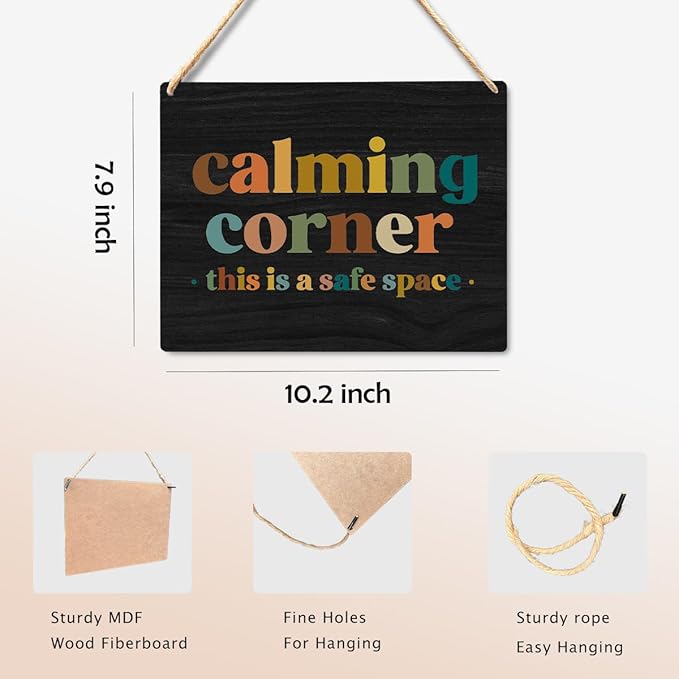 Calming Corner Hanging Wood Sign Plaque - Safe Space Classroom Decor, School Counselor Office Decor, Calm Down Corner Decorations For Classroom Preschool, Boho Classroom Decor(Black), 10x8