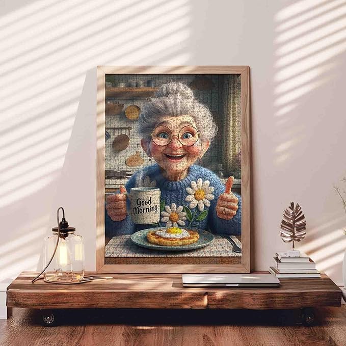 Happy Grandma Jigsaw Puzzles for Adults Granny's Breakfast 1000 Pieces Puzzles for Challenging Family Activity Games Sunshine Kitchen Art Jigsaw Puzzle DIY Craft Puzzles Home Decor 20x27 Inches