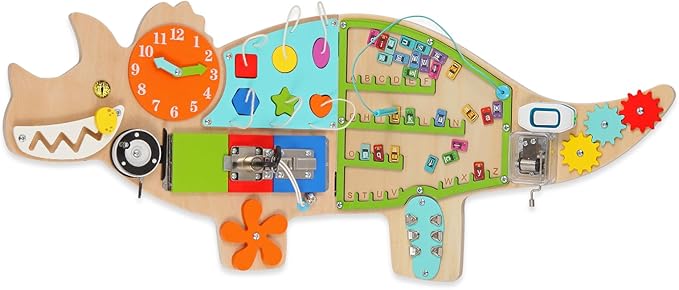 Dinosaur Activity Wall Busy Board Panels, 11-in-1 Montessori Sensory Wall Panel for Kids, Toddler Learning Activity Center, Perfect for Playroom Daycare Nursery Classroom