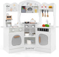 HONEY JOY Corner Play Kitchen, Toddler Wooden Toy Kitchen Set w/Lights, Coffee Maker, Microwave, Sink, Faucet, Little Chef Pretend Play Kids Kitchen Playset for Boys Girls (White)