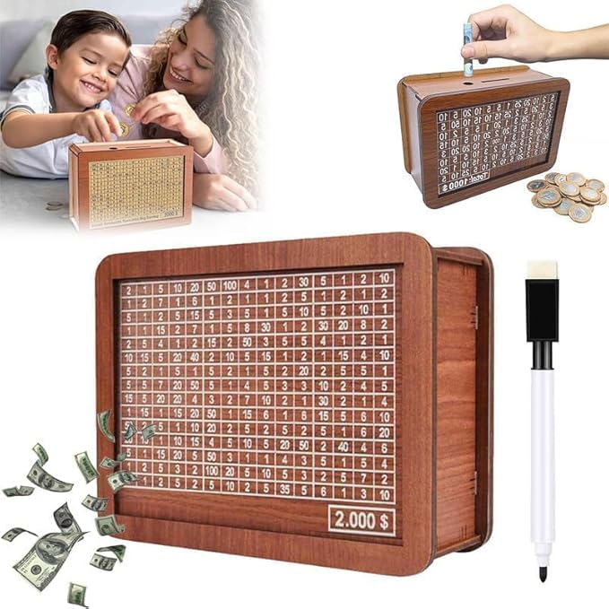 Wooden Coin Bank Money Saving Box, Cash Vault Wooden Savings Box, Wooden Digital Piggy Bank with Counting Target, Money Vault Savings for Boys and Girls (2000 Savings Challenge Box)