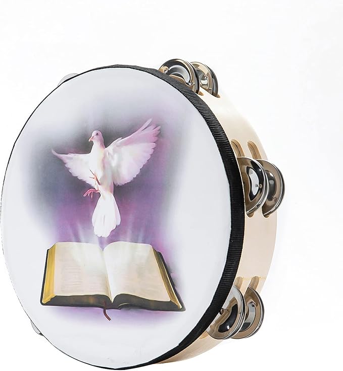 Musfunny 8 inch Dove Bible Double Row Jingle Tambourine for Adults,Handbell Clap Drum Tambourine for Pray Church Party Musical Instrument