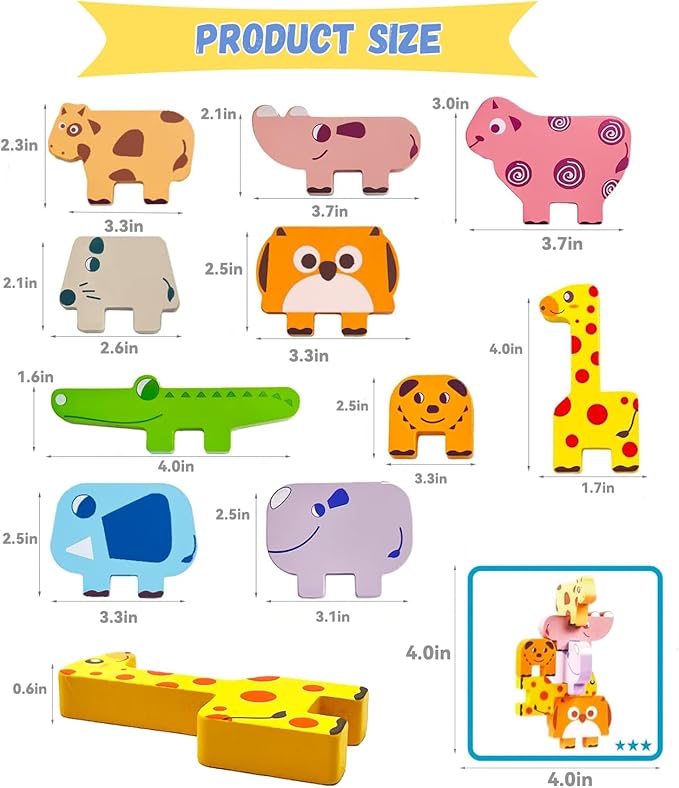 Wooden Animal Puzzles for Toddlers - Sorting & Stacking Montessori Toys for 3 4 5 Year Old Boys Girls, Kids Educational Learning Toys Gift (10pcs Animals)