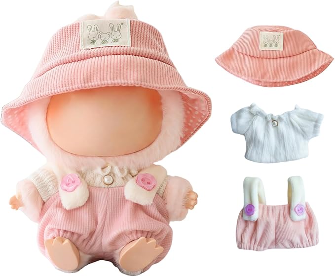 Clothes for Dolls Accessories (No Doll), Cute Outfit Set 3 Pieces Bib Pants Suitable for 15 & 17cm Doll Suit, Stylish Dress Up Overalls Doll Clothing Set Replacement with Hat Clothes Pink