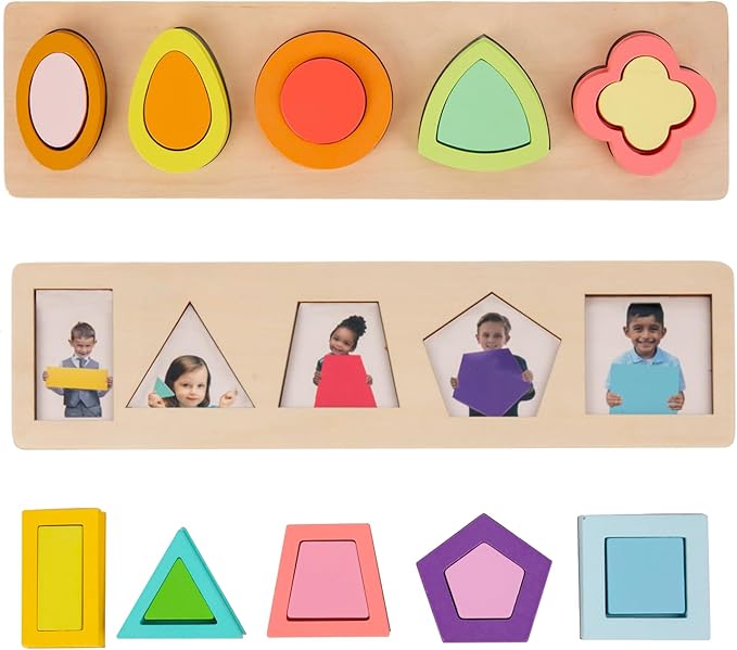 Adena Montessori Colorful Multiple Shape Puzzles Toys for 6-12 Months 1 Year Old Toddler Babies First Shapes Geometric Jumbo Knob Wooden Puzzle Color Sorter (10 Pieces)
