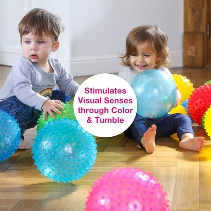 Edushape Rainbow Soft Sensory Ball for Baby and Toddlers - 7" Deflated with Pump Multi-Color Mini Noisemaker Toddler Ball with Colorful Beads Inside - Fine Motor Skills Development