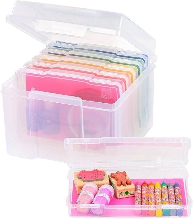 IRIS USA 5" x 7" Photo Storage Box Craft Keeper, Transparent Protection Container with 6 Organization Holder Cases for Pictures, Tasks, Scrapbooking, Stationery Storage, Clear