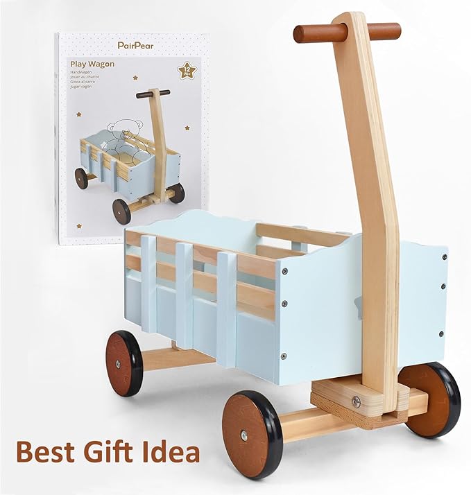 PairPear Kids Wagon Toy,Wooden Toys Cargo Walker Cart Wagon Stroller,Toddler Push and Pull Baby Walker Gift for Babies Boys and Girls