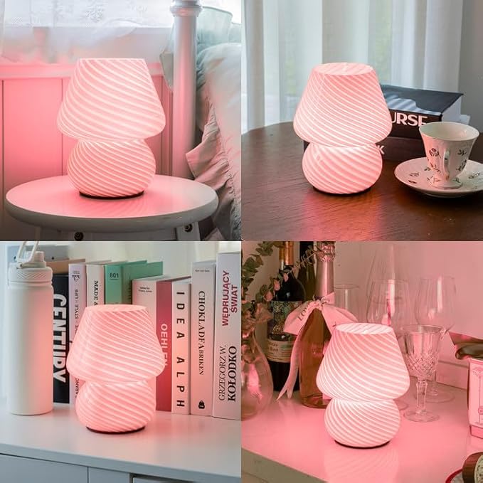 Battery Operated Mushroom Lamp-Cute Small Pink Aesthetic Table Lamp with Timer,Cordless Bedside Lamp for Girl Gifts,Glass Decorative Lamp for Bedroom/Entryway/Shelf/Desk Decor/Dorm/Office