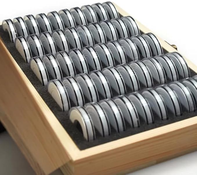 50pcs Coins Capsules for 18/21/25/27/30mm Coins w/Wood Display Storage Box Case