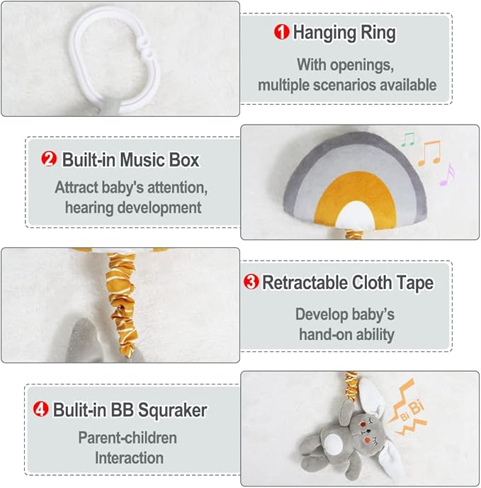 Baby Hanging Rattle Toys, Baby Lullaby Pull Musical, Soft Plush Early Development Stroller Car Toys with Squeaker for Infant (Rabbit)