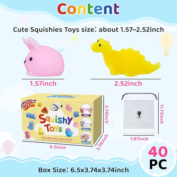 40 Pack Mini Kawaii Animal Squishy Toys, Party Favors for Kids Adults Fidget Toys Stress Relief Treasure Box for Classroom Prizes Bingo Goodie Bags Fillers Birthday Gifts Christmas Stockings