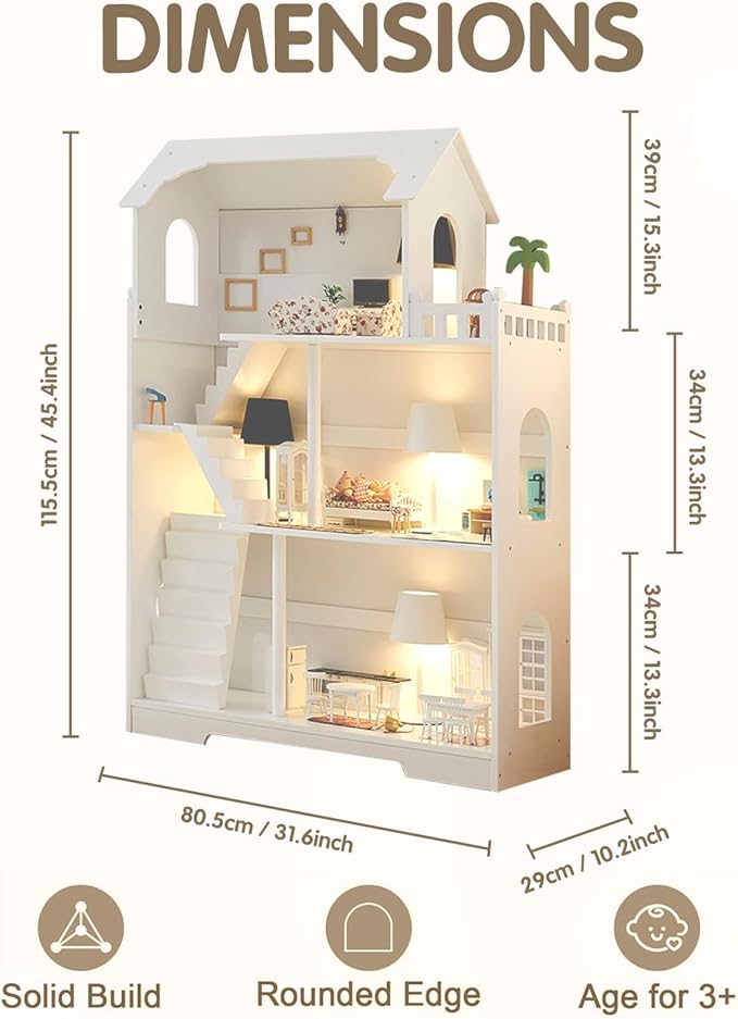 Wooden Dollhouse Bookshelf - Toddler Doll House Bookcase, Extra Space Kids Toy Storage Book Shelf, 3-Tier Children Dollhouse, Pretend Play Toy House, Gift for Girls & Boys Ages 3+