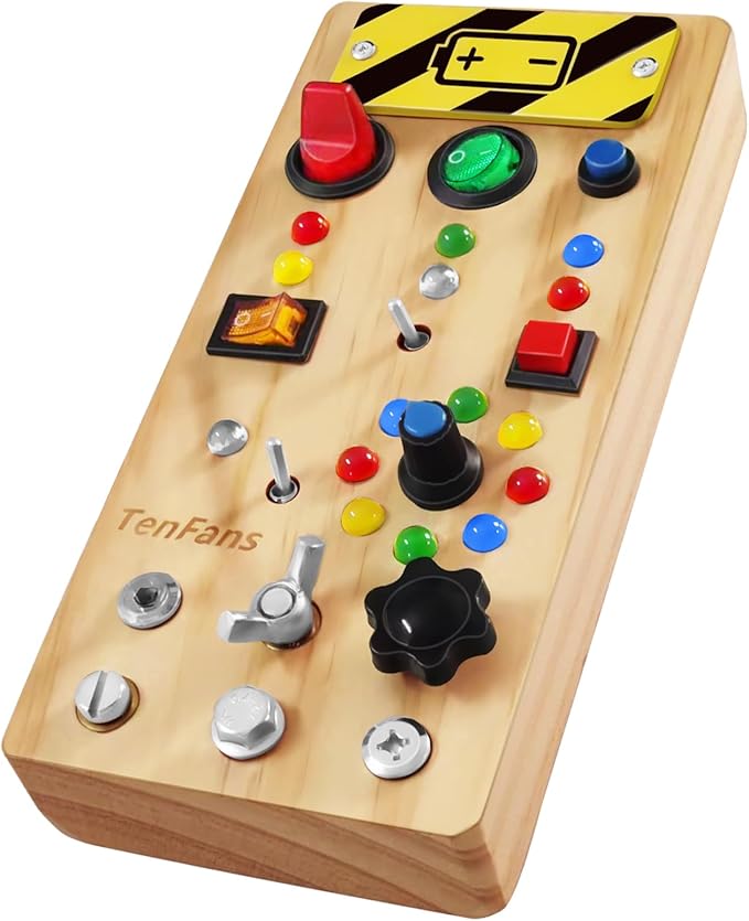 TenFans Montessori Busy Board with 8 LED Light Modes - Sensory Toys for 3-5 Year Olds & Airplane Travel, Wooden Activity Board Develops Fine Motor Skills