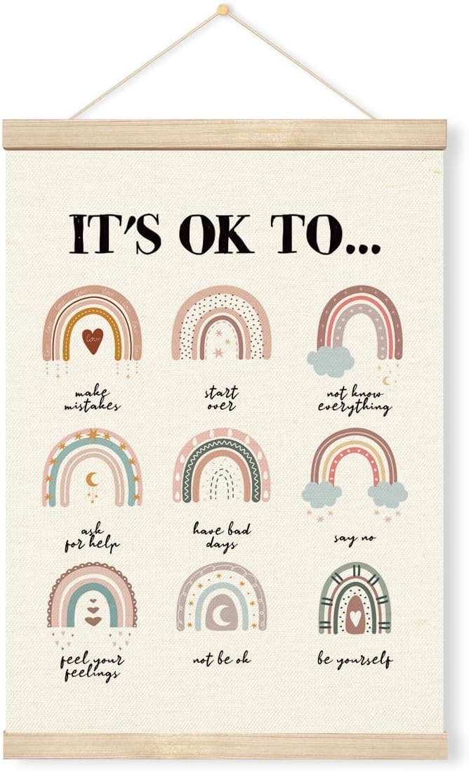 Inspirational Poster Hanger Frame, Mental Health Wall Art, It's Okay to Make Mistakes Banner, Motivational Quote Hanging Canvas Pictures Prints, Wall Decor for Classroom Therapy Counselor Office