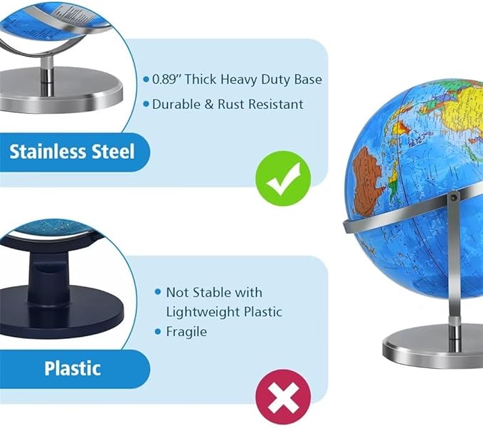 World Globe with Stainless Steel Stand 13 inch, 720 Rotating & HD Waterproof Material, Teaching/Geographic/Decorative Globes with Clear Text for Elementary, Classroom, Home, School, Office