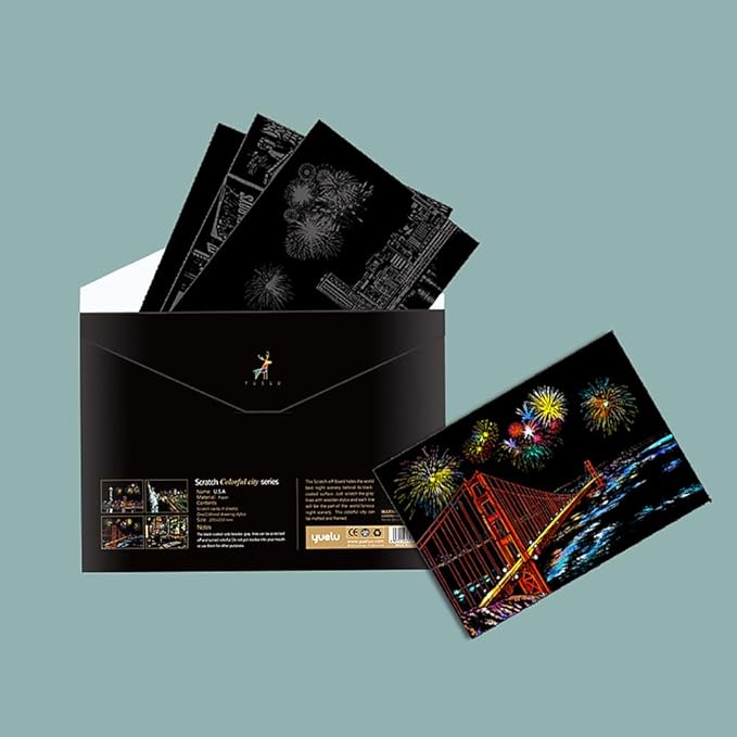 M MUGIT Scratch Art for Adults Kids, Rainbow Painting Night View Scratchboard(A4), Crafts Set: 8 Sheets Scratch Cards with 6 Tools in Bag - New York, Statue of Liberty, Cinque Terre(America/Europe)
