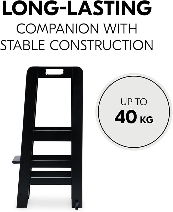 Hauck Learn N Explore Montessori Toddler Tower, Adjustable Wooden Kitchen & Bathroom Step Stool Helper for Home Use with Kids Ages 1+, Black