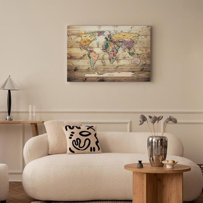 artgeist Canvas Wall Art Print World Map 35x24 in - 1pcs Home Decor Framed Stretched Picture Photo Painting Artwork Image World Travel Map Wood k-B-0009-b-b
