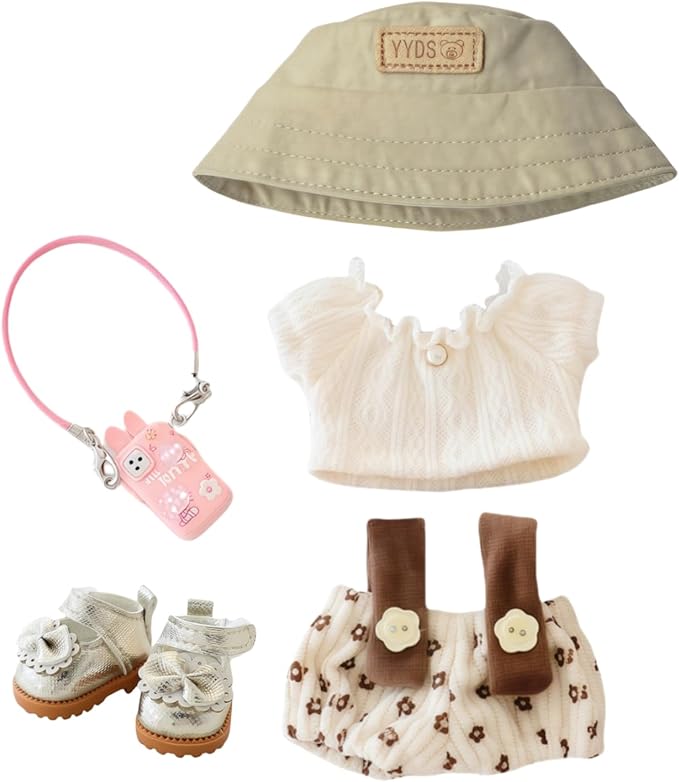 Clothes for Dolls Accessories (No Doll), Cute Outfit Set 5 Pieces Bib Pants for 15 & 17cm Doll Suit, Stylish Dress Up Overalls Doll Clothing Set Replacement with Hat Clothes Shoes Beige