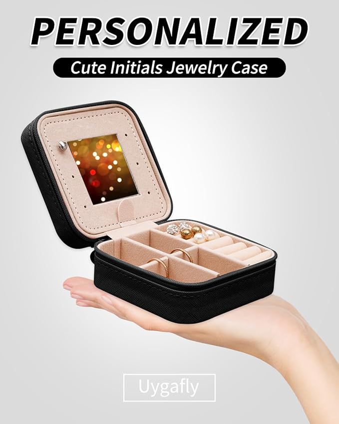 Personalized Jewelry Case for Women Girls - Fashion Mini Jewelry Boxes - Trendy Travel Jewelry Organizer with Initials Letter - Teen Gifts | Black,N
