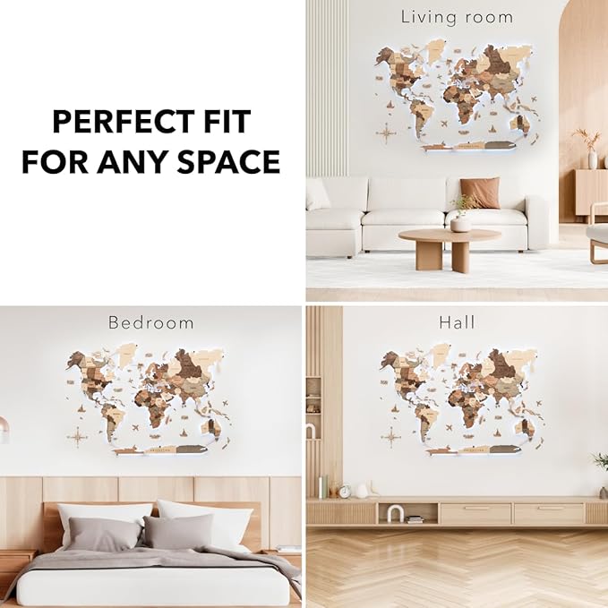 Enjoy The Wood 3D Wood World Map LED 3.0 Wall Art Modern Home Decor Gifts LED Lighting Wall Decor Housewarming Gift (Smokey)