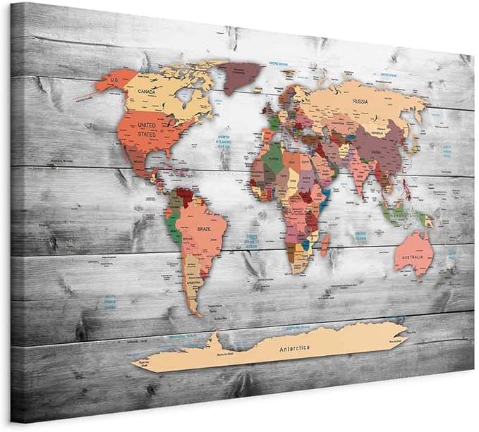 artgeist Acoustic Canvas Wall Art Print World Map 35x24 in - 1pcs Picture with Acoustic Foam Sound Print Artwork Room Acoustics Soundproofing World Travel Map Wood k-B-0009-b-c