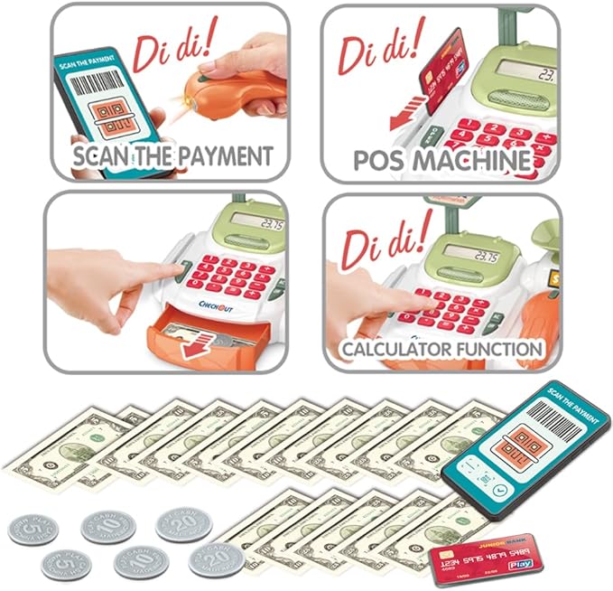 Pretend Play Cash Register Toy with Functional Caculator Cashier Scanner Toy Supermarket with Simulate Food Fruit etc Kids Grocery Store Play Money Food Shop Toy Educational Playset for Kids