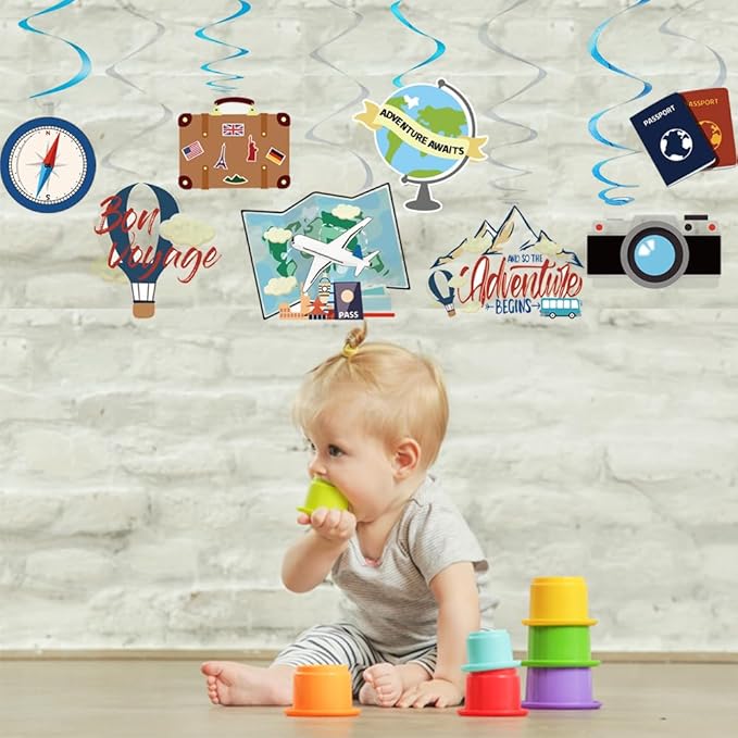 30PCS Travel Themed Hanging Swirl Party Decorations, Adventure Awaits Bon Voyage Signs Party Supplies for Birthday Party Retirement Party Farewell or Wedding Bachelorette Baby Shower Classroom Decor