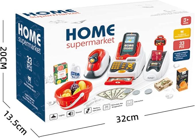Pretend Play Cash Register Toy Role Play Shopping Cashier Playset with Scanner Card Machine Toy Foods Fruits 33pcs Set Funtional Checkout Game Educational Toy for Kids Birthday