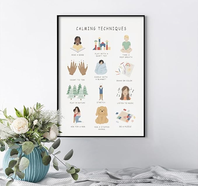 uoyien Calming Corner Classroom Mental health Poster Feelings Calming Techniques Canvas Wall Art Boho Emotions Chart for Kids Prints Special Education Wall Decor for School 16x22in Metal Framed