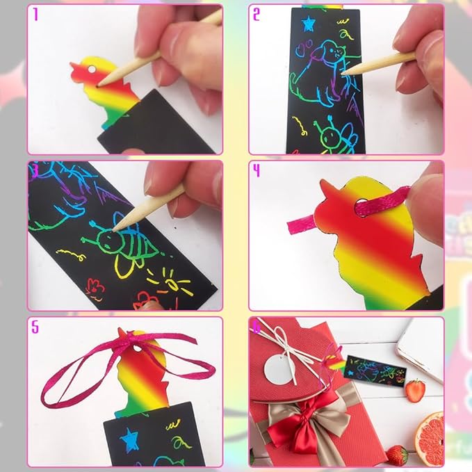 lyfLux 146 PCS Scratch Paper Art with Stencils, Rainbow Magic Scratch Paper Art Kit for Birthday Party, DIY Crafts
