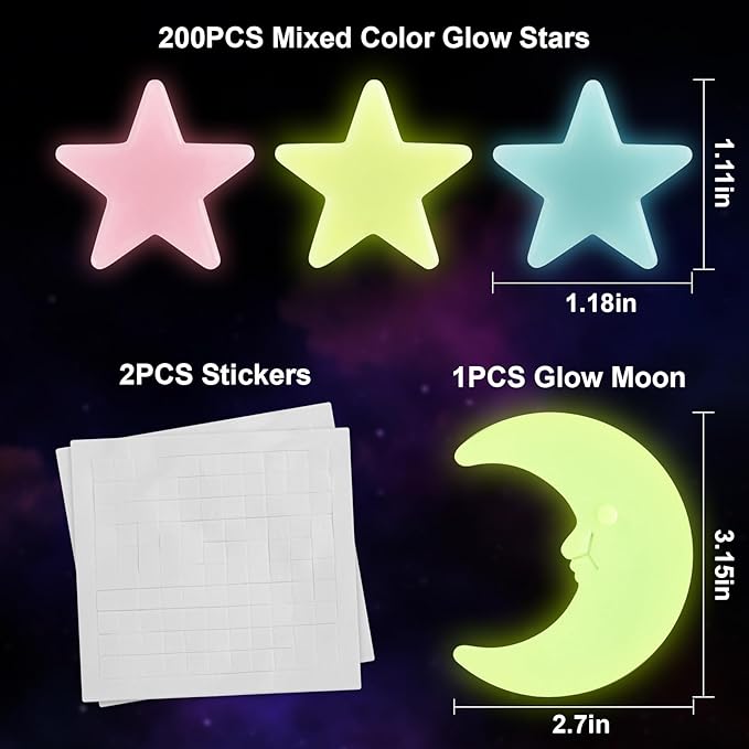 MAQIHAN 200 Glow in The Dark Stars for Ceiling - Glowing Stars and Moon Stickers Estrellas que brillan en la oscuridad para el techo de cuarto Plastic Space Galaxy Decals Bedroom Wall Decorations
