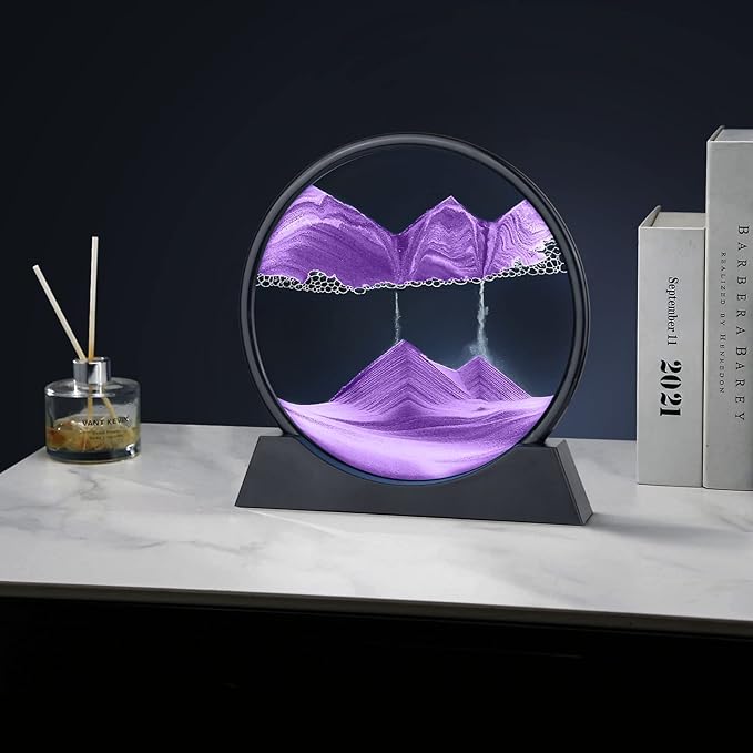 Moving Sand Art Picture - 3D Quicksand Painting Decor - Round Glass 3D Deep Sea Sandscape - Relaxing Home Decoration Desk Toys for Home Office Desk Mantle Bookshelf- (Purple, 7 in)