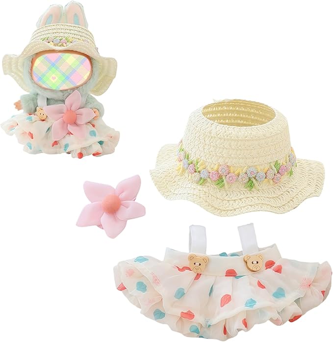 Clothes for Dolls Accessories (No Doll), Kawaii Hat Skirt Outfit Set 3 Pieces for 15cm 17cm Doll Suit, Stylish Flower Dolls Hat Clothing Set Replacement Beige