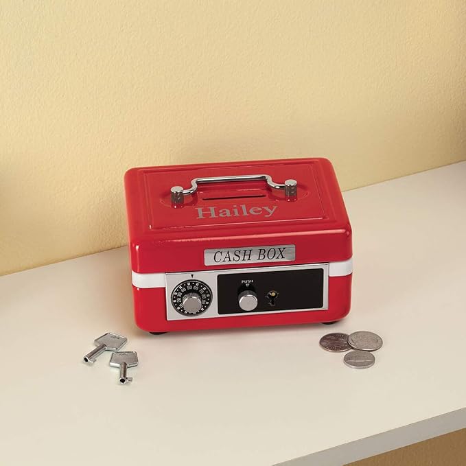Custom Children’s Cash Box, Metal Piggy Bank Lockbox with Coin Slot, Red