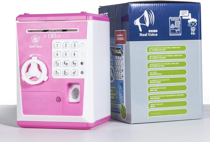 Toy Safe Box, Electronic ATM Piggy Bank, Money Coin Savings Bank, Finger Print Scanner Lock, Great Gift for Children Kids (Pink/White)