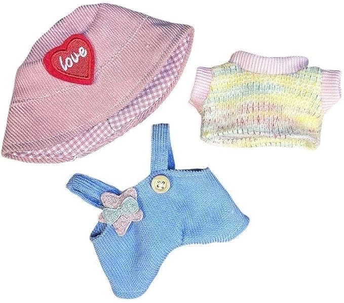 Clothes for Labubu(NO Doll) - 15cm/17cm Doll Accessories Suit, Cute Outfit with Accessories - Colorful T-Shirt, Star Light Blue Romper and Heart Shaped Pink Hat
