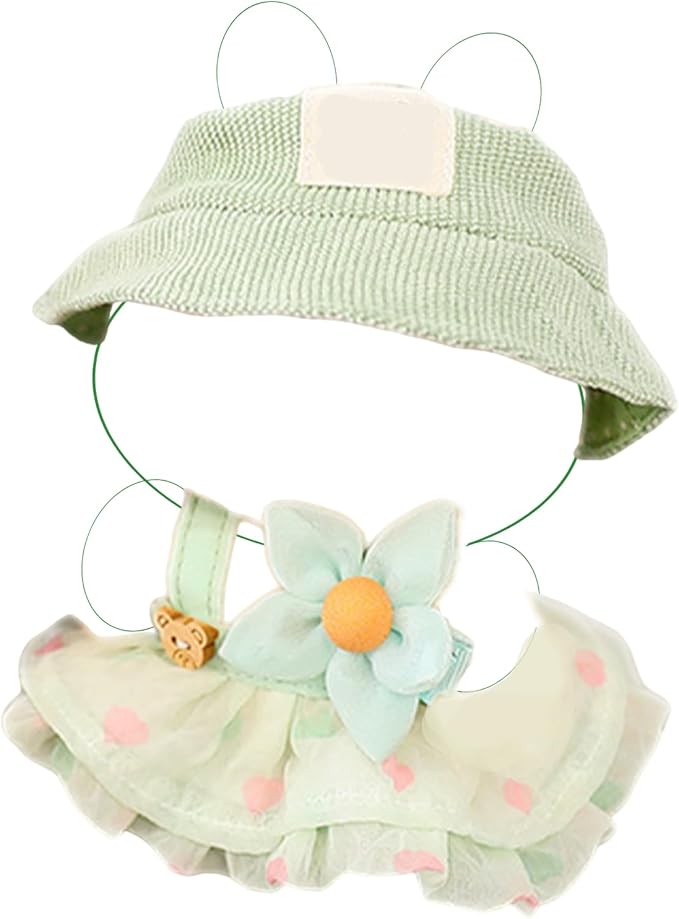 Clothes for 17cm Doll (Clothes Only) – 3-Piece Outfit Set with Hat, Green Dress and Flower Accessory for an Adorable Dressed-Up Look – 17cm Doll Accessories