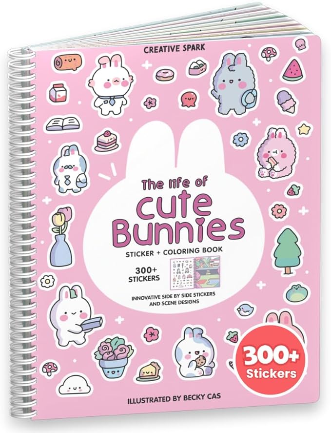 Cupkin Bunny Sticker Book Activity for Kids, Toddler Airplane Travel Essentials, 300+ Bunny Stickers for Kids + 8 Scenes and Coloring Book Pages, Stickers for Toddlers, Crafts Ages 2-8