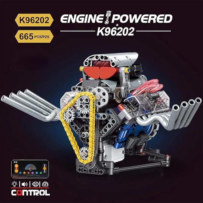 39005 V8 Engine Model Kit, Runnable, Build Your own STEM Visible Mini V8 Engine Model Kit with Lights, Adult and Adolescent Physics Science Experiment Building Block Set (665 Pcs)