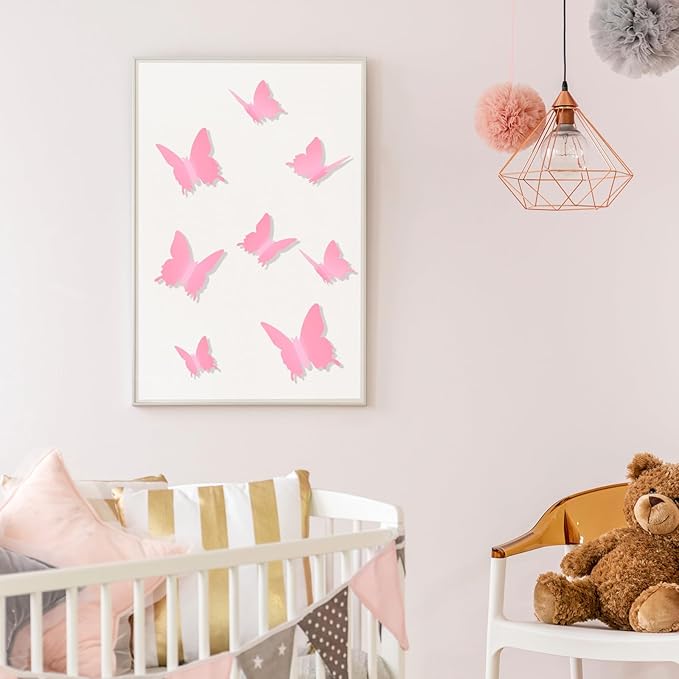 BBTO 48 Pieces Butterfly Wall Decor DIY Mirror 3D Butterfly Stickers Removable Decals for Home Bedroom School Bathroom Living Room Decor(Pink)