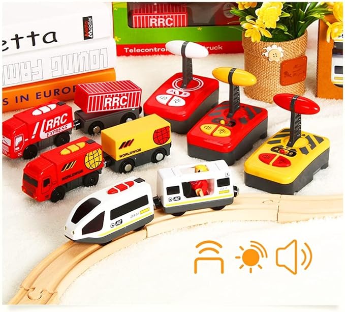 Z MAYABBO Wooden Train Set Accessories Battery Operated Locomotive Trains, Remote Control Train Vehicles for Wood Tracks, Powerful Engine Trains Cars Fits All Major Brands of Railway System