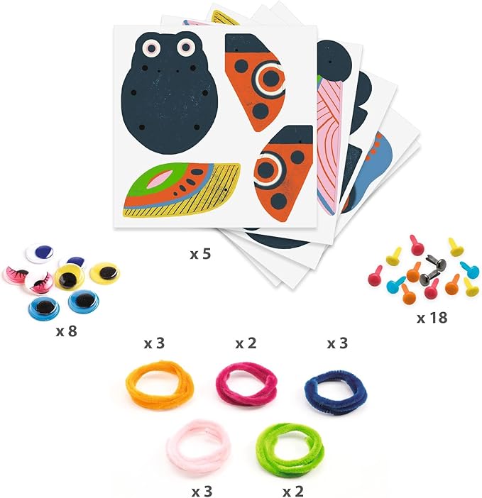 DJECO Fuzzy Bug Craft Kit - Make Your Own 3D Bugs with Pom Poms for Home, School or Gifts - Fun & Creative for Family & Friends - Educational Art Crafts for Preschool, Kids 3+