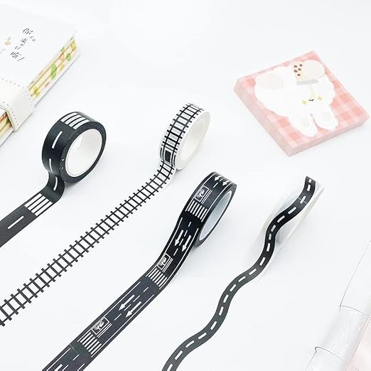 YUBX Highway Washi Tape Set 4 Rolls Black & White Decorative Masking Tapes for Arts, DIY Crafts, Journals, Planners, Scrapbook, Wrapping 15mm x 10m (9/16" x 33')